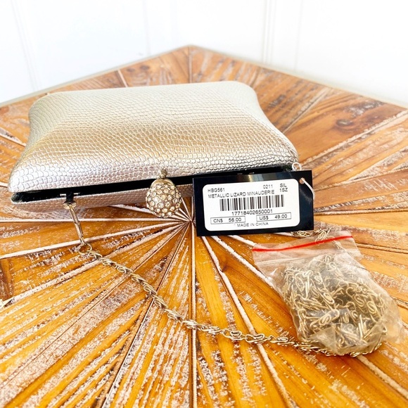 bebe Handbags - NWT bebe Silver Metallic Lizard Faux Leather Minaudière with Shoulder Chain